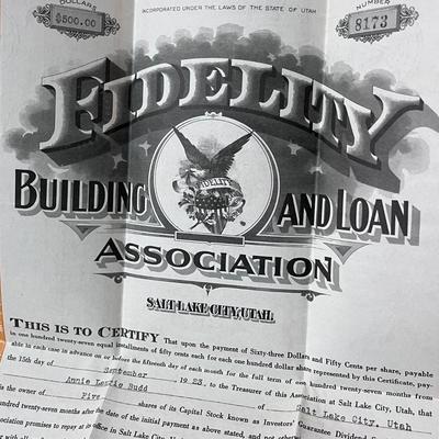 OVERSIZED (2 PAGE) FIDELITY BUILDING & LOAN STOCK CERTIFICATE 1923