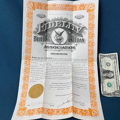 OVERSIZED (2 PAGE) FIDELITY BUILDING & LOAN STOCK CERTIFICATE 1923