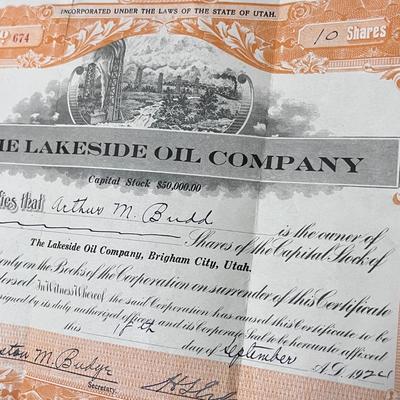 OLD 1924 STOCK CERTIFICATE LAKESIDE OIL BRIGHAM CITY, UT