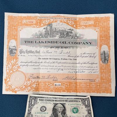 OLD 1924 STOCK CERTIFICATE LAKESIDE OIL BRIGHAM CITY, UT