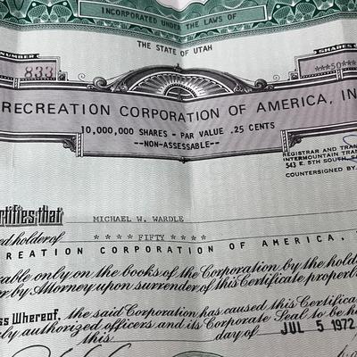 3 X STOCK CERTIFICATE ALL FROM RECREATION CORP OF AMERICA 1972