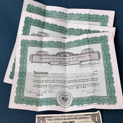 3 X STOCK CERTIFICATE ALL FROM RECREATION CORP OF AMERICA 1972