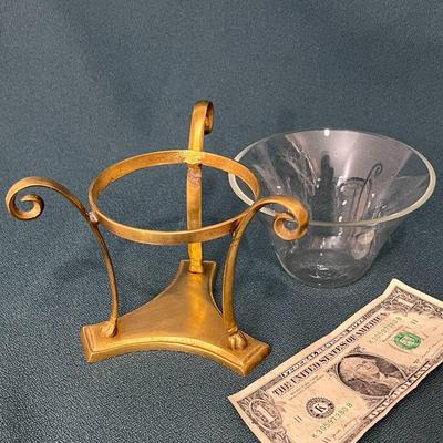 CLASSICAL STYLE GLASS BRASS TRIPOD BASE FLOWER HOLDER 