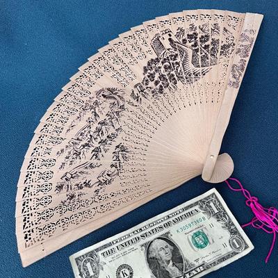 FANCY CARVED CAMPHORWOOD FOLDING FAN GREAT WALL OF CHINA THEME