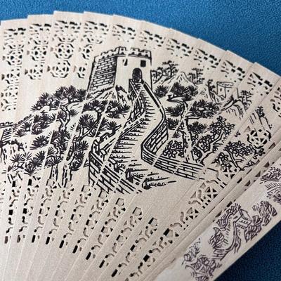 FANCY CARVED CAMPHORWOOD FOLDING FAN GREAT WALL OF CHINA THEME