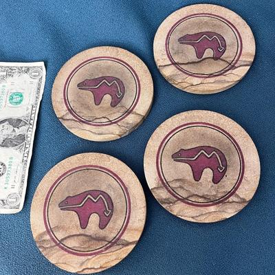 REAL SANDSTONE SLICE COASTERS SET OF 4 BEAR PETROGLYPH DESIGN