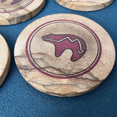 REAL SANDSTONE SLICE COASTERS SET OF 4 BEAR PETROGLYPH DESIGN