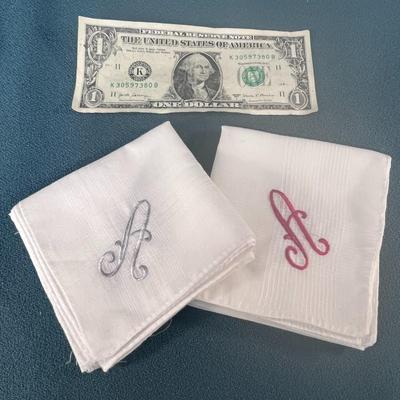PAIR VINTAGE EMBROIDERED â€œAâ€ HANDKERCHIEFS