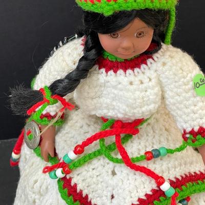Vintage Indian Girl Doll with Handmade Crocheted Dress