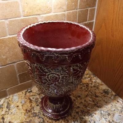 CLAY DECORATIVE BOWL ON PEDESTAL AND MATCHING VASE