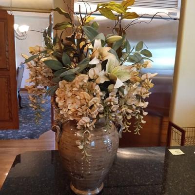 LARGE CLAY VASE FILLED WITH SILK FLOWERS