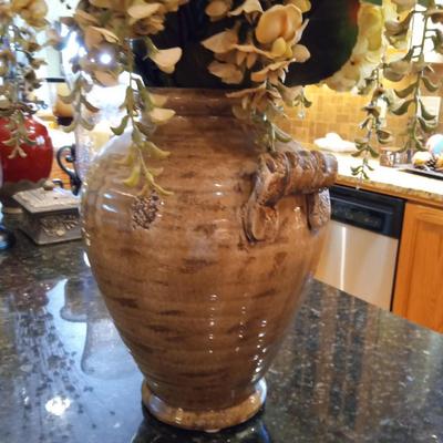 LARGE CLAY VASE FILLED WITH SILK FLOWERS