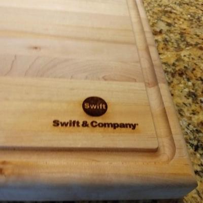 LARGE, THICK WOODEN CUTTING BOARD AND AN OSTER ELECTRIC KNIFE