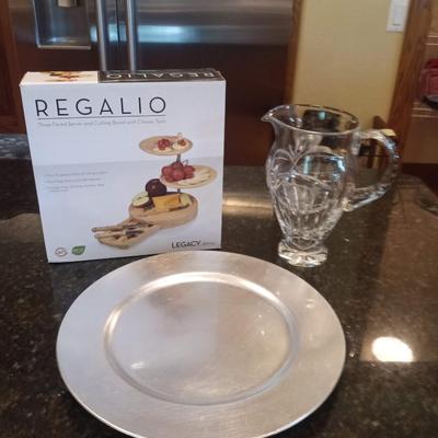 REGALIO 3 TIER SWIVEL SERVER, CRYSTAL ETCHED PITCHER AND PLATTER