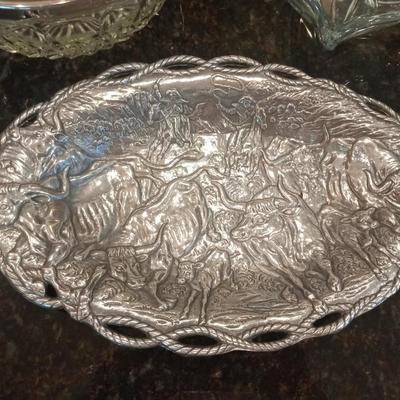 DETAILED PEWTER TRAY, MIKASA HEART BOWL AND GLASS BOWL