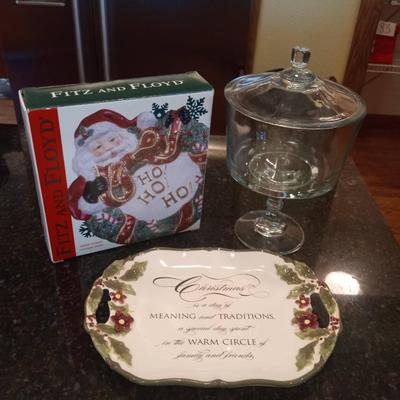 FITZ & FLOYD SANTA PLATE, LARGE GLASS BOWL WITH LID AND SERVING TRAY