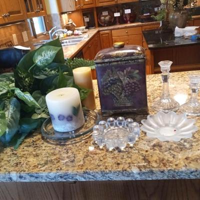 CERAMIC CANISTER W/LID, CRYSTAL CANDLESTICKS AND MORE