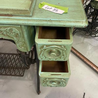 Antique Sewing Table Wood & Cast Iron Base