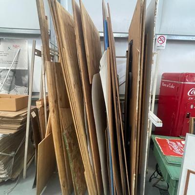 Metal Rack with Misc. Lumber/Plywood Included - Some pieces have table legs attached