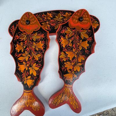 Vintage Hand Painted Khokloma Wood Koi Fish Wall Plaque