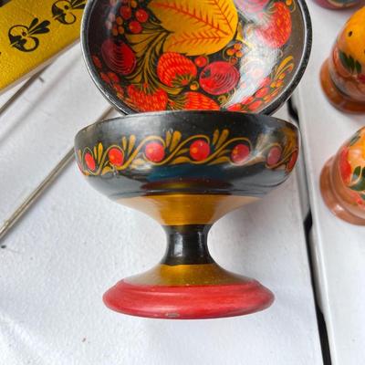 Vintage Hand Painted Khokloma Wood Pedastal Cups