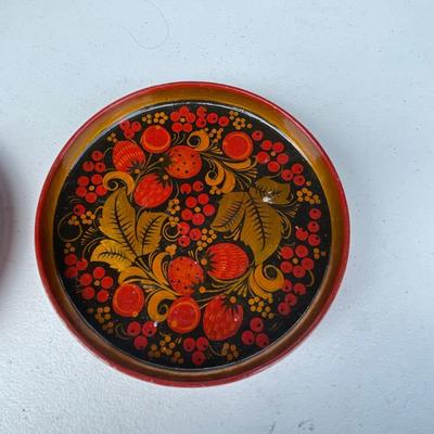 Set of Five Vintage Hand Painted Khokloma Wood Plates
