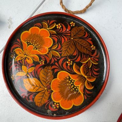 Set of Five Vintage Hand Painted Khokloma Wood Plates