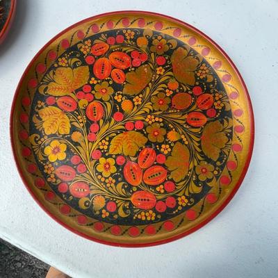 Set of Five Vintage Hand Painted Khokloma Wood Plates