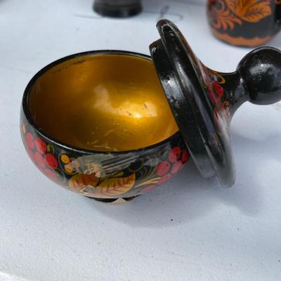 Set of Four Vintage Hand Painted Khokloma Wood Trinket Jars with Lids