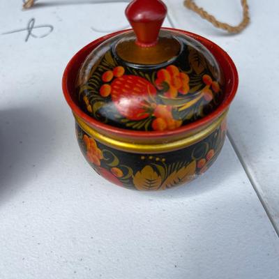 Set of Four Vintage Hand Painted Khokloma Wood Trinket Jars with Lids