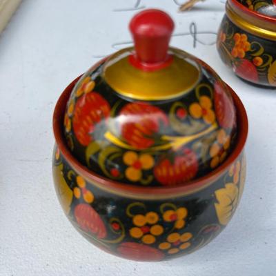 Set of Four Vintage Hand Painted Khokloma Wood Trinket Jars with Lids