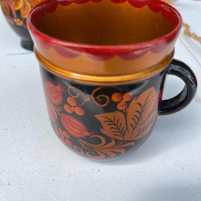 Set of Two Vintage Hand Painted Khokloma Wood Cups
