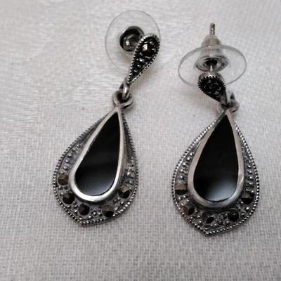 Vintage Onyx And Marcasite 925 Earrings
