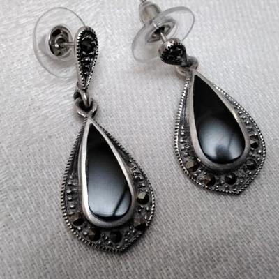 Vintage Onyx And Marcasite 925 Earrings