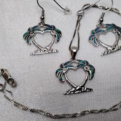 Blue Fire Opal Palm Trees 925 Jewelry Set (18" Necklace")