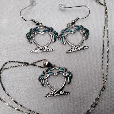 Blue Fire Opal Palm Trees 925 Jewelry Set (18" Necklace")