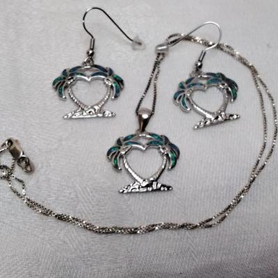 Blue Fire Opal Palm Trees 925 Jewelry Set (18" Necklace")