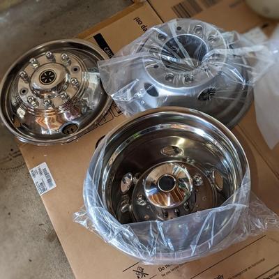 NIB 2 Rear RV Hubcaps 19.5" x 6.75", 1 Front Hubcap