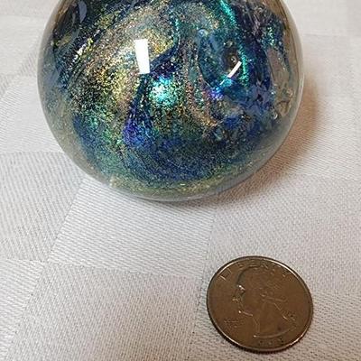 Blue/Green Metalic Art Glass Paperweight- unsigned
