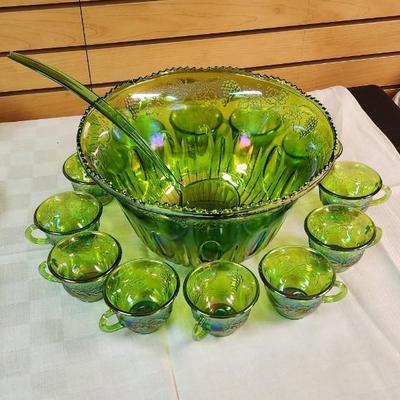 Irridescent Lime Carnival Glass Punch Bowl