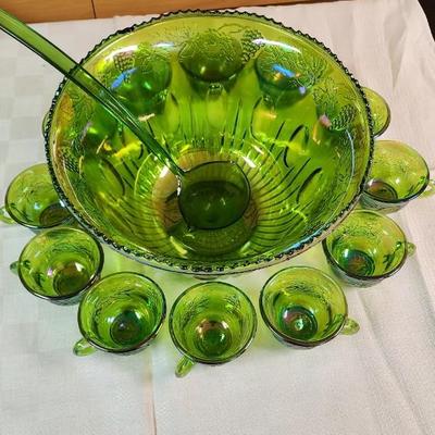 Irridescent Lime Carnival Glass Punch Bowl