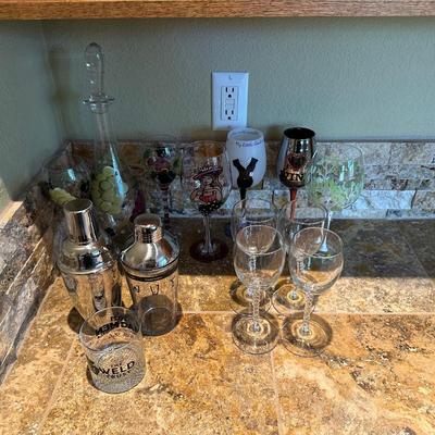 HAND PAINTED DECANTER, MARTINI SHAKERS AND STEMMED GLASSES