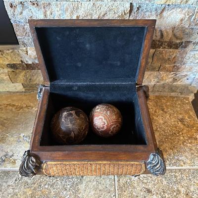 BOX, PICTURE FRAME AND CAST IRON BELL