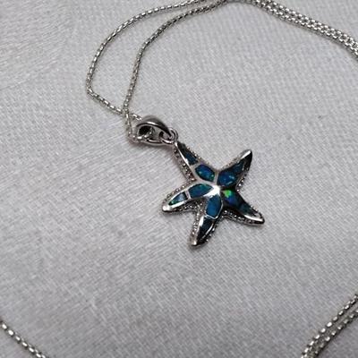 Signed Blue Fire Opal Starfish 16" 925 Necklace