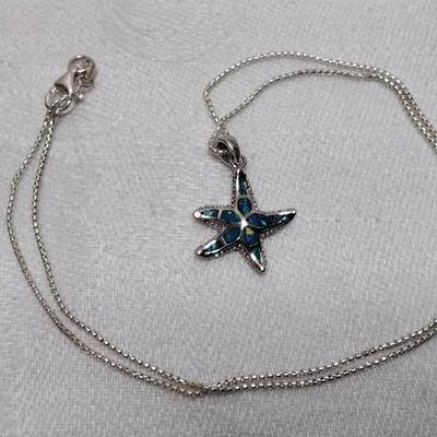 Signed Blue Fire Opal Starfish 16" 925 Necklace