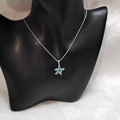 Signed Blue Fire Opal Starfish 16" 925 Necklace