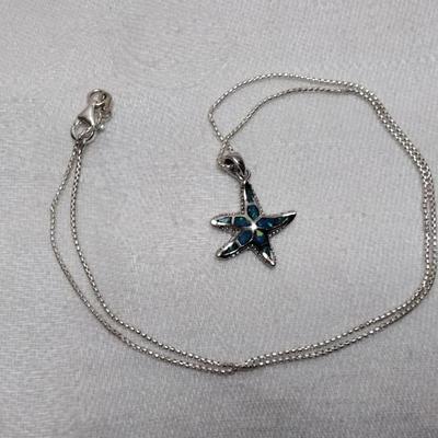 Signed Blue Fire Opal Starfish 16" 925 Necklace