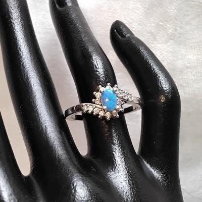 Vintage Blue Fire Opal With White Sapphires 925 Ring Size 11