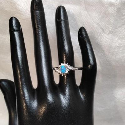 Vintage Blue Fire Opal With White Sapphires 925 Ring Size 11