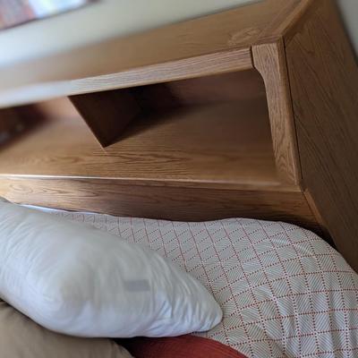Solid Oak Full Bed Headboard, Mattress, and Bedding